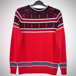 Nautica Red Fair Isle Sweater M Cotton Blue Black Ski Nordic Crew Long Sleeve
